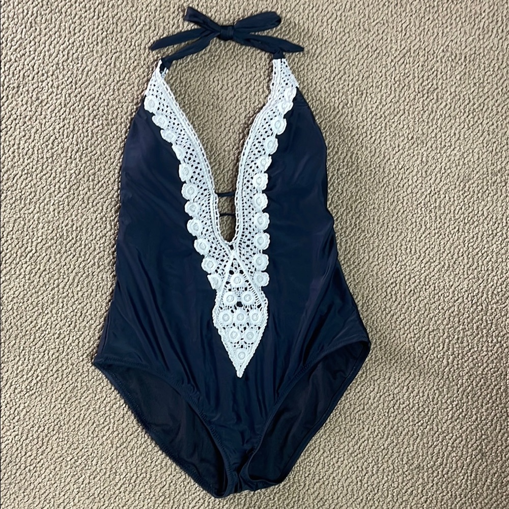 Kona Sol Black and White One Piece Swimsuit with Elegant Lace